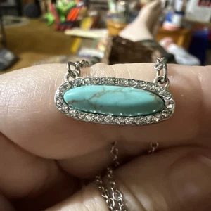 Faux Turquoise Clear Rhinestone Bar Pendant Necklace Silver Tone Unbranded 16-18 - Picture 1 of 12