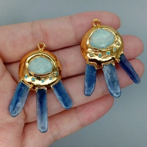 Natural Blue Kyanite Amazonite Gold Electroplated Pendant for jewelry making - Picture 1 of 9