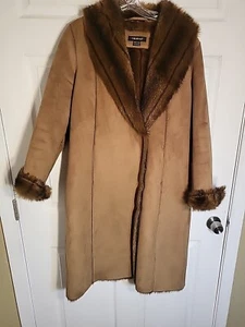 Tribal Coat Size 6 Womens Brown Suede Like Full Length Brown Faux Fur Collar - Picture 1 of 8
