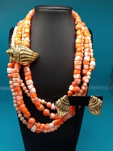 Vintage Kjl For Avon Faux Coral Lucite Necklace Gold Tone Seashell & Earrings - Picture 1 of 16