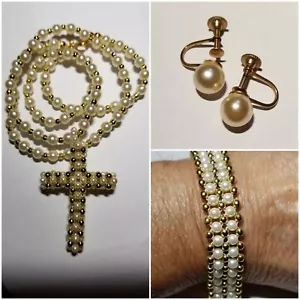 Faux Pearl Cross, Bracelet & Earrings - Picture 1 of 12