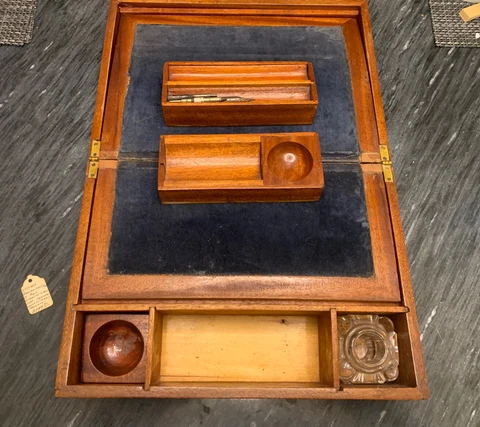 Antique Writing Box 1800's Victorian Travel Carriage Lap Desk Wood Brass Inlaid Cover