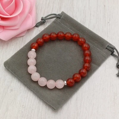 Pulsera de corte elástico de piedras preciosas curativas de cristal de cornalina roja y cuarzo rosa 6/8 mm Foto 1 de 4