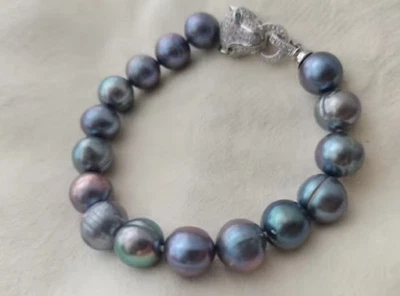 AAA 7.5-8'' Huge AAA 12-11mm tahitian black green baroque pearl Bracelet 925S - Image 1 of 4