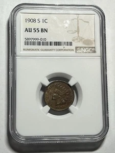 1908-S Indian Head Cent NGC AU55 Key Date Nice Strike - Picture 1 of 4