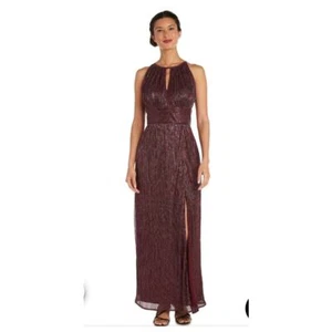 R&M RICHARDS Womens Metallic Merlot Burgundy Halter Formal Evening Gown Sz 4 NEW - Picture 1 of 13