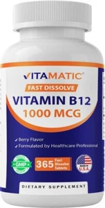 Vitamatic Vitamin B12 1000 mcg Fast Dissolve 365 Tablets - Berry Flavor - Suppor - Picture 1 of 9