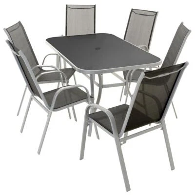 7tlg Set Sitzgarnitur Gartengarnitur Sitzgruppe Stapelstuhl Hochlehner schwarz - Bild 1 von 4