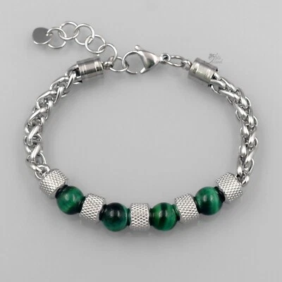 Pulsera de piedras preciosas de cadena de acero inoxidable de piedra natural ojo de tigre verde para hombre 154 Foto 1 de 4