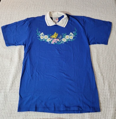 VTG 90s Morning Sun Texas Floral Logo Womens Collared T Shirt Large Butterfly - Image 1 of 4