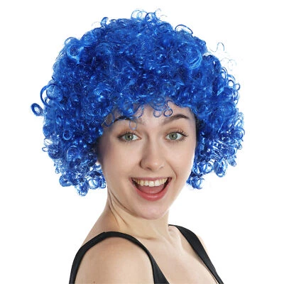 6 X AZUL RIZADO AFRO PELUCA CIRCO PAYASO UNISEX ELEGANTE VESTIDO FÚTBOL DEPORTE APOYO Foto 1 de 4