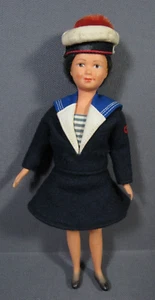 Muñeca vintage años 40 7" lana marinero vestido y sombrero piernas flojas pelo negro sin marca - Imagen 1 de 5