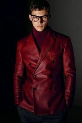Men Leather Blazer Stylish Maroon Genuine Lambskin Handmade Formal Business Wear - Image 1 of 4
