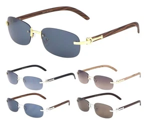 SLIM RIMLESS CLASSIC OVAL FAUX WOOD BUFFS RECTANGULAR AVIATOR SUNGLASSES FASHION - Picture 1 of 7