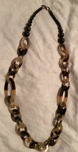 Vintage Long Boho Natural Horn Brown Beige Oval Link Necklace 38” - Picture 1 of 7