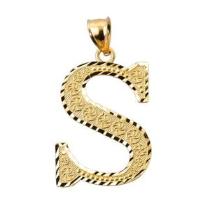 Solid 10K Yellow Gold Diamond-cut Initial Letter Pendant Necklace S  - Picture 1 of 6