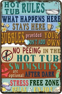 Metal Sign Hot Tub Rules Tin Sign Vintage Bar Home Bathroom Pool and Patio Decor - Picture 1 of 12