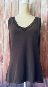 Women’s Large Tank Top Croft Barrow Brown V Neck Lace Trim Sequins Soft Stretch  - Picture 1 of 12