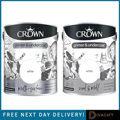 CROWN MDF WOOD MULTI-SURFACE WHITE PRIMER & UNDERCOAT PAINT 750ML QUICK DRY NEW - Image 1 of 4