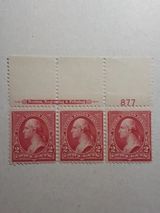 US Stamp Scott#279b 1897 2c Washington Plate Block Of 3 MNH OG - Picture 1 of 9