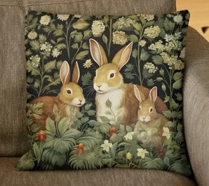 William Morris Abstract Floral Bunny Design Linen Throw Pillow Cover Home Decor - Picture 1 of 5