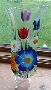 Wm McGrath signierte Kunstglasvase mit Tulpen, Blumen 13,5"x8"x2,25" - Bild 1 von 17