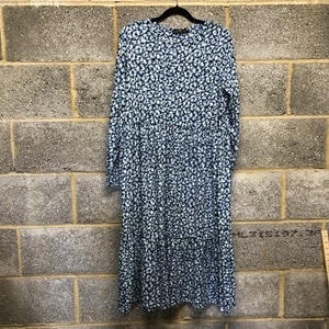 Blue Leopard Print Peasant Farmhouse Dress Women UK 18 Jersey Stretch Long - Picture 1 of 13
