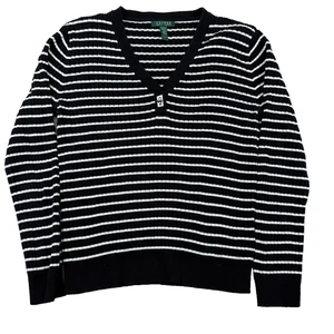 Lauren Ralph Lauren Sweater Womens XL Black White Striped Tight Knit V-Neck - Picture 1 of 7