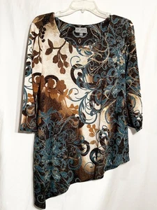 DAMEN KLEINE BRAUN GRÜNE JM COLLECTION 3/4-ÄRMEL HOHER LO-SAUM STRETCH BLUSE A - Bild 1 von 10