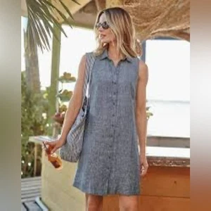 Tahari Linen Sleeveless Shirt Dress in Blue. Medium - Picture 1 of 7