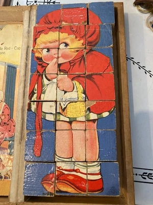Red Riding Hood Wood Block 6 in 1 Puzzle Kids Vintage Red-Cap Story Box Antique - Image 1 of 4