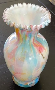 VICTORIAN RAINBOW SPATTER ART GLASS VASE GORGEOUS WHT PINK BLUE YELLOW RUFFLE - Picture 1 of 14