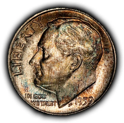 1959 10c Silver Roosevelt Dime - Rainbow Pattern Toning - BU - SKU-Z6345 - Image 1 of 4