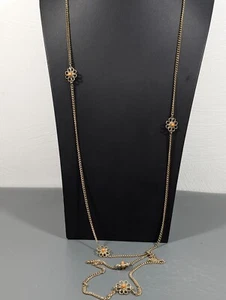 Retro Antiqued Gold Tone Orange Flower Station Very long Chain Necklace Opera - Picture 1 of 8