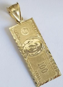 10k Yellow Gold $100 hundred dollar money pendant Charm 1.50 inch long 2 side - Picture 1 of 12