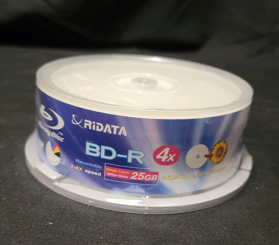 25 Pack Ridata 4X 25GB BD-R Blu-ray Single Layer Recordable Black Media Disc.   - Image 1 of 1