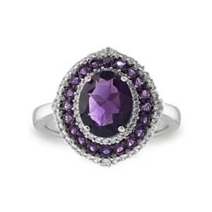Amethyst & Topaz Oval Purple Cluster Ring Estate Sterling Silver White Gold over - Picture 1 of 5