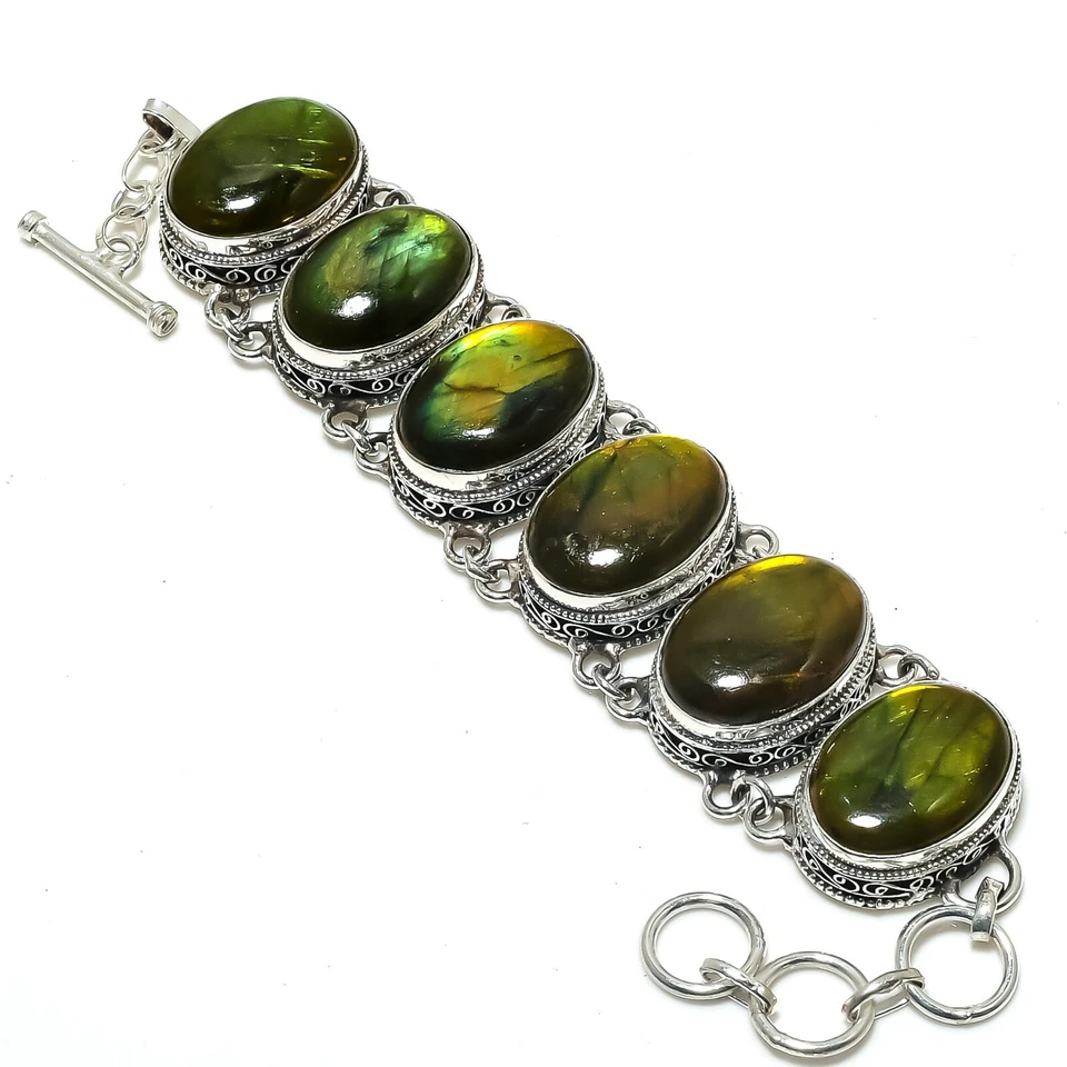 Green Flash Labradorite Gemstone Handmade 925 Sterling Silver Jewelry Bracelet - Image 1 of 4