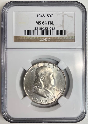 1948 D Franklin Half Dollar NGC MS64FBL Toned Silver Coin 50C Full Bell Lines Cover