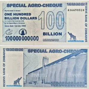 10 x 100 Billion Dollars Zimbabwe Special Agro Cheque 2008 Authentic COA - Picture 1 of 6