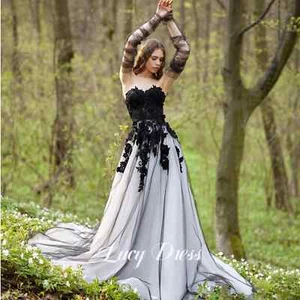 Gothic Lace Wedding Dresses Black Applique A-line Bridal Gowns Sweep Train ﻿ - Picture 1 of 8