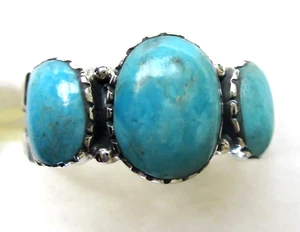 Kingman Turquoise Three-Stone Ring / size 8.75 / 925 Sterling Silver, 6.5ct 5g - Picture 1 of 5