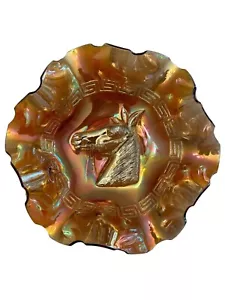 Vntg. MCM Dugan Horses Pony Iridescent Marigold Carnival Glass Dish Ruffled Bowl - Picture 1 of 6