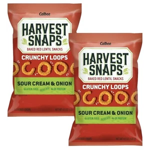 Harvest Snaps Baked Red Lentil Snack SOUR CREAM & ONION 4.5 Oz Crunchy Loops 2Pk - Picture 1 of 9