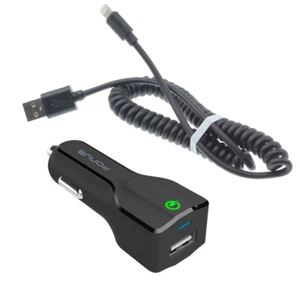 For iPhone 11 12 13 PRO MAX XS SE - CAR CHARGER 24W FAST 2-PORT USB COILED CABLE - Picture 1 of 6