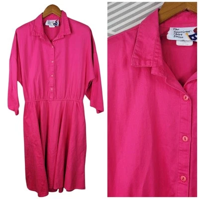 Vintage Denim Shirt Dress Plus size 18 18W Jean Bright Pink Western Flare Skirt - Image 1 of 4