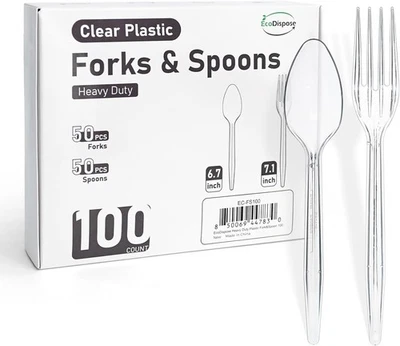 Tenedores y cucharas de plástico transparente de alta resistencia - 100 piezas cubiertos desechables sin BPA Foto 1 de 4