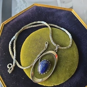 Vintage Silver Tone Lapis Lazuli Cab Pendant Chain Necklace 16"L - Picture 1 of 3