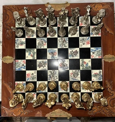 VTG Japanese Folding Chess Board Case & Italy Metal Plated Asian Chess Set 4.5” - Image 1 of 4
