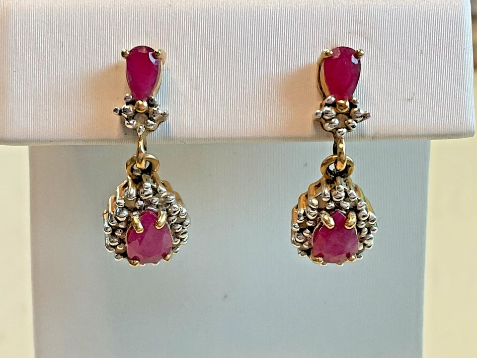 10K Gold Ruby & Diamond Cluster Drop Earrings – Pear Dangle 3.16g - Image 1 of 4